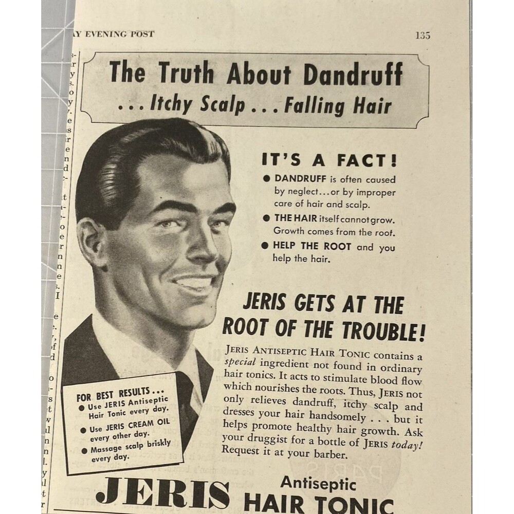 JERIS Antiseptic Hair Tonic "The Truth about Dandruff" Vintage Print Ad 1940s